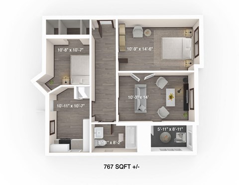 Floor plan for 2 beds, 1 bath, 767 sqft